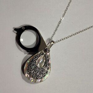 Magnifying Glass Mother of Pearl Ornate Style Embellishment Pendant Loupe Neckla
